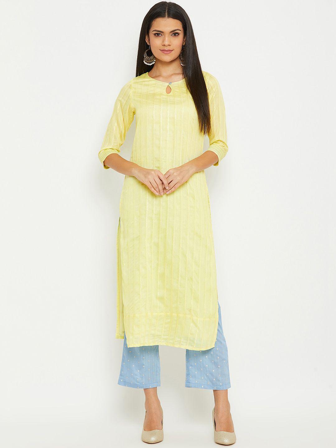 panit women yellow striped kurta with trousers