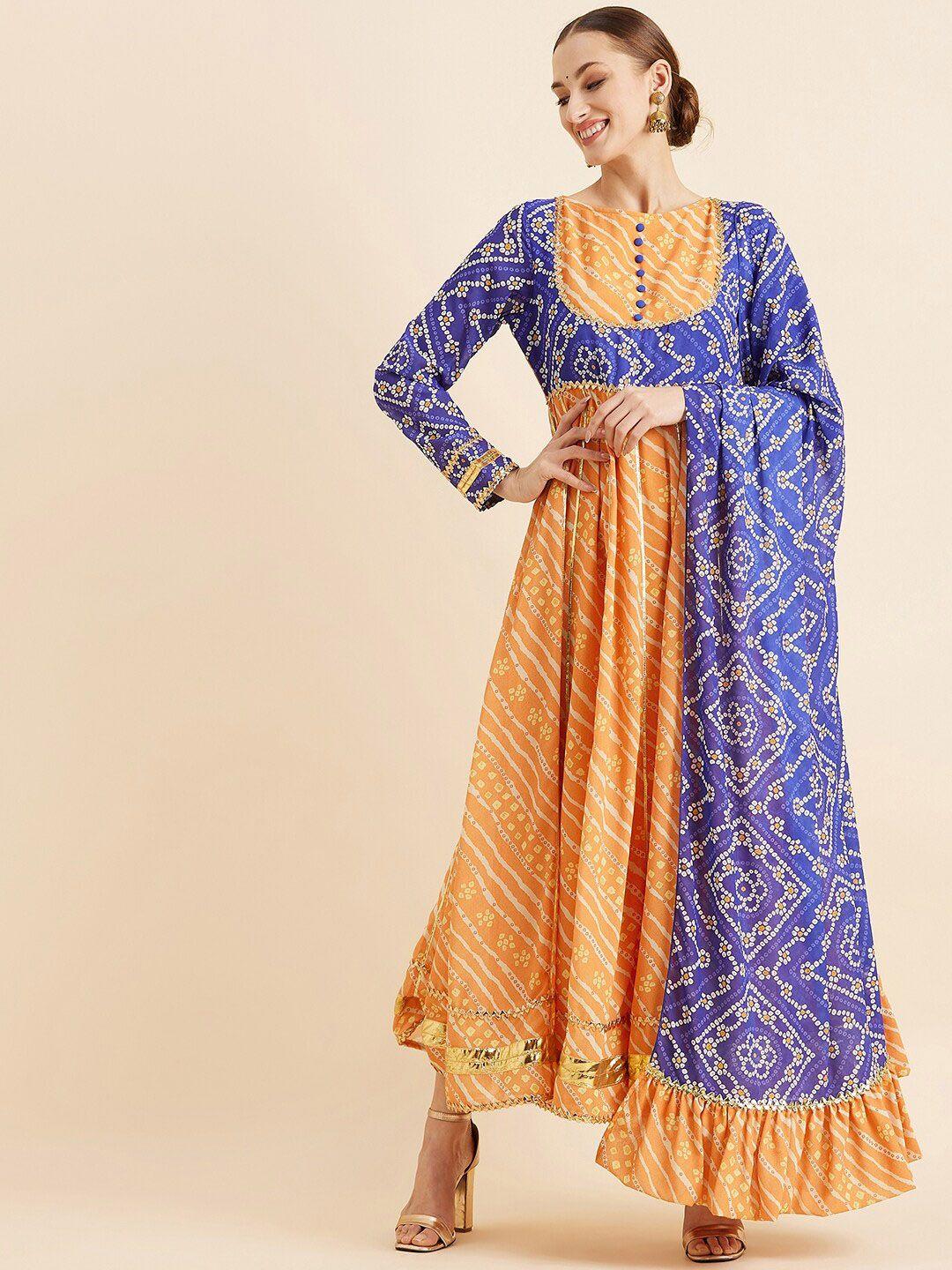 panit yellow & blue bandhani printed kurta with dupatta
