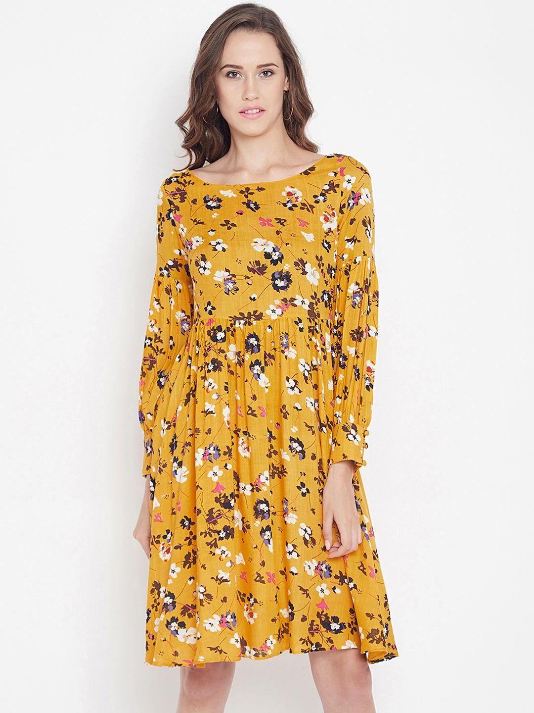 panit yellow & brown floral drop-waist dress