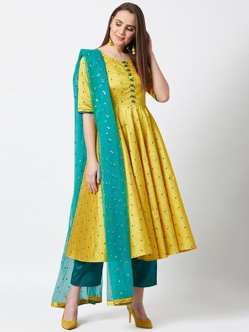 panit yellow & green embellished kurta pant set