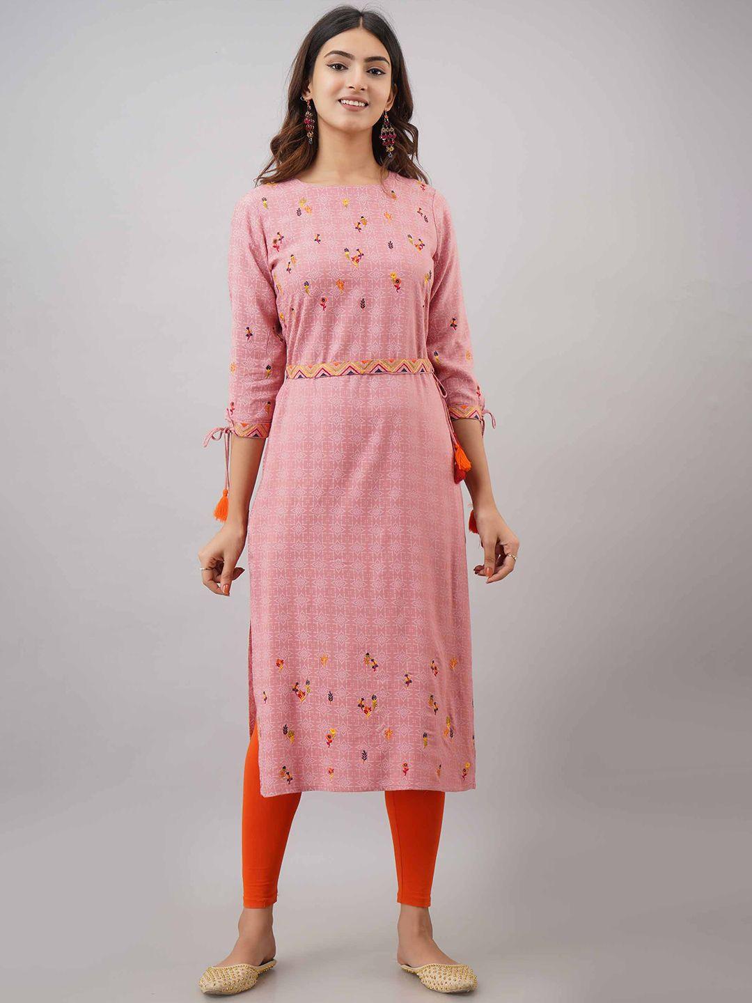 pankvi ethnic motif printed with floral thread work straight kurta