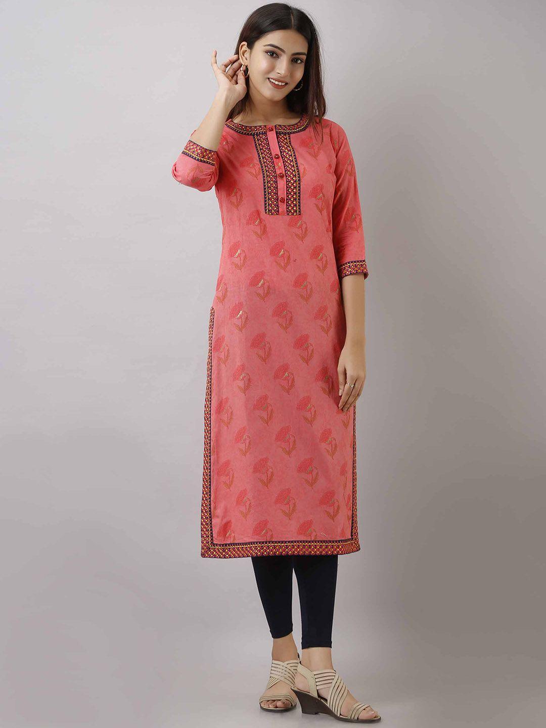 pankvi floral printed with thread work details pure cotton straight kurta