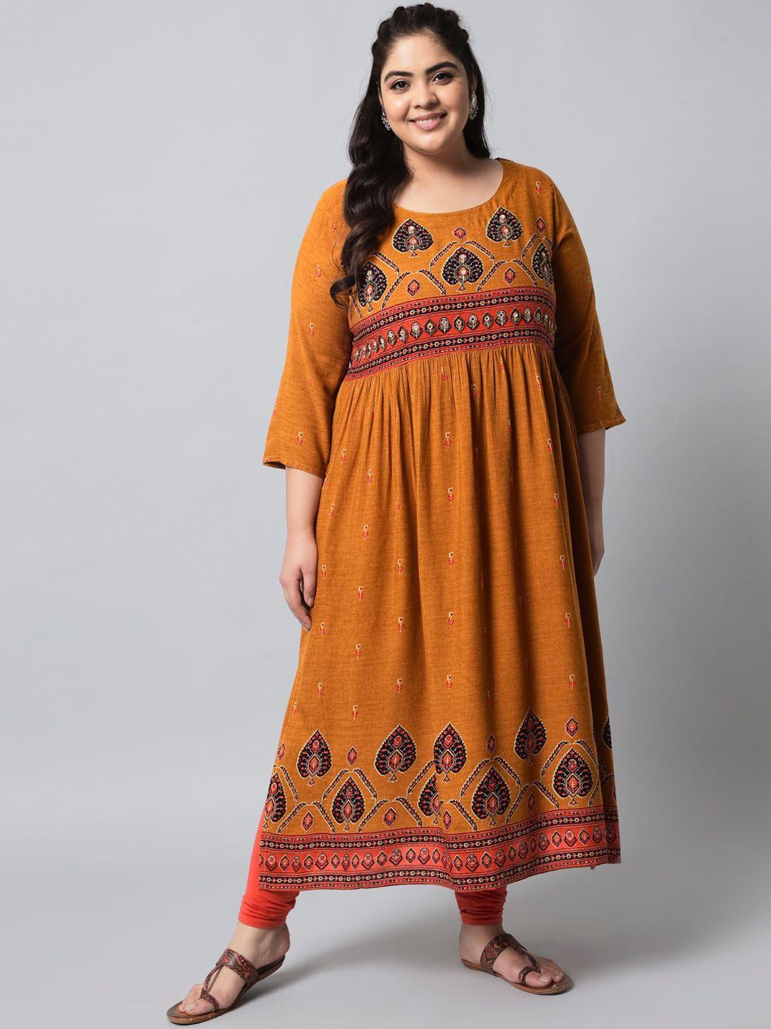 pankvi plus size ethnic motifs printed thread work beads & stones a-line kurta