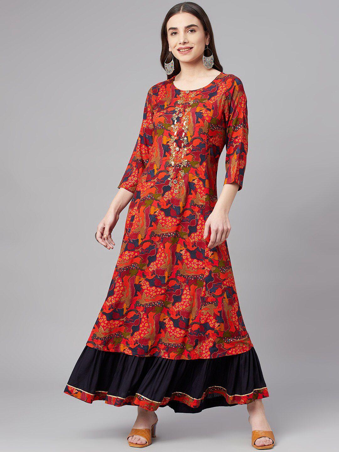 pankvi red & navy blue abstract printed embellished maxi dress