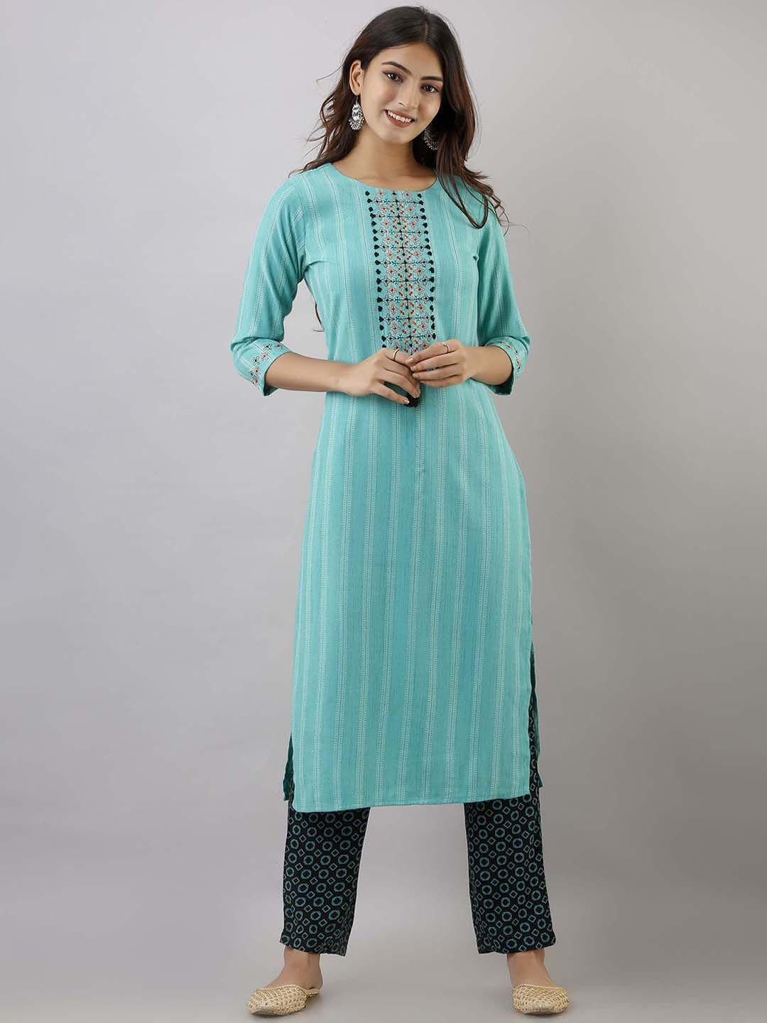 pankvi straight embroidered kantha work kurta with trousers