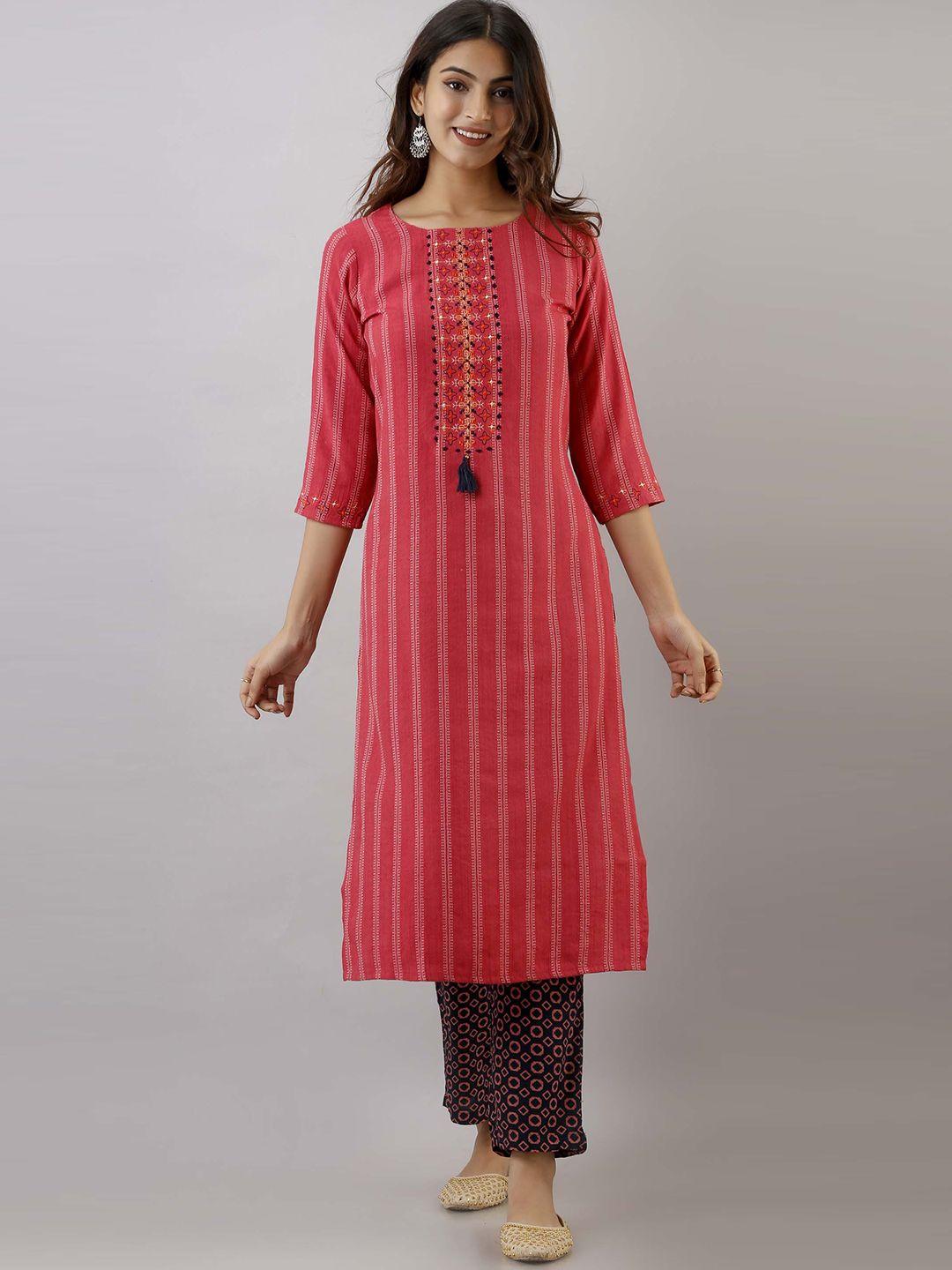 pankvi straight embroidered kantha work kurta with trousers