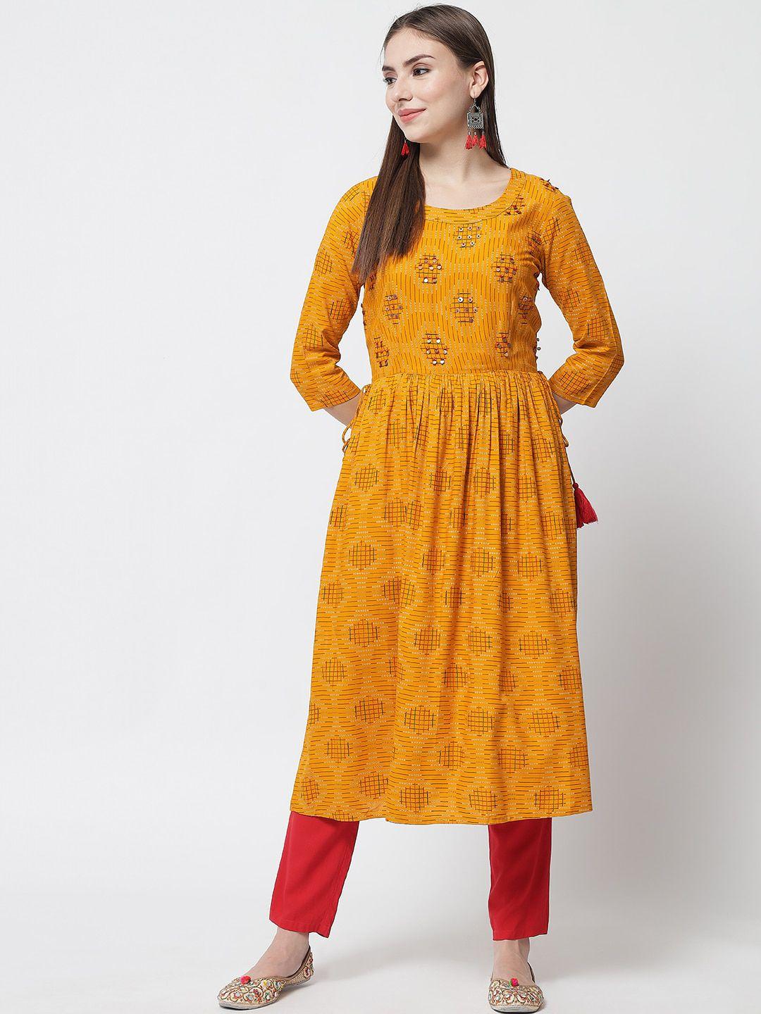 pankvi women mustard yellow ethnic motifs printed kurta