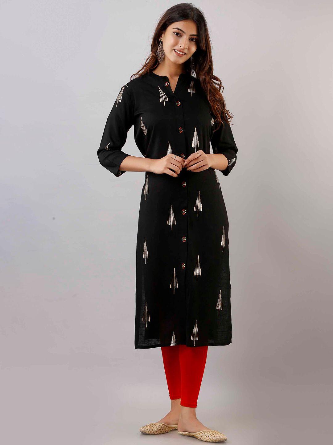 pankvi women quirky printed mandarin collar calf length kurta