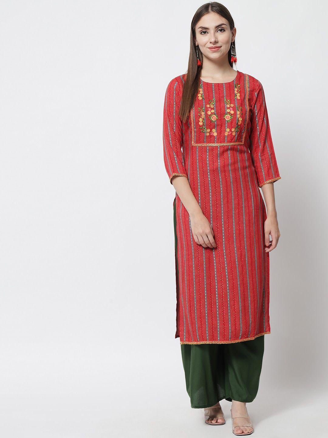 pankvi women red foil printed straight kurta