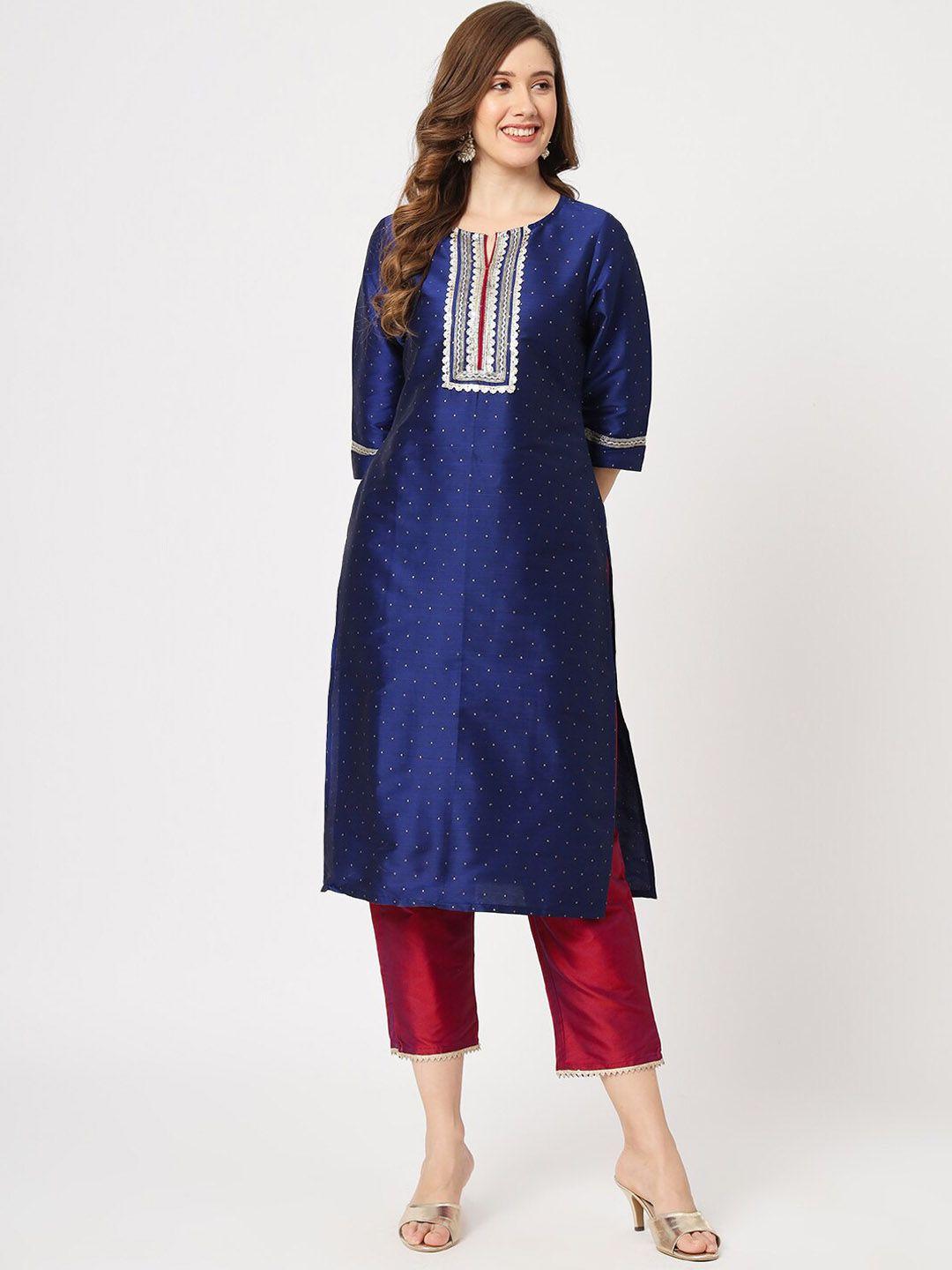pannkh ethnic motifs embroidered thread work art silk straight kurta with trousers