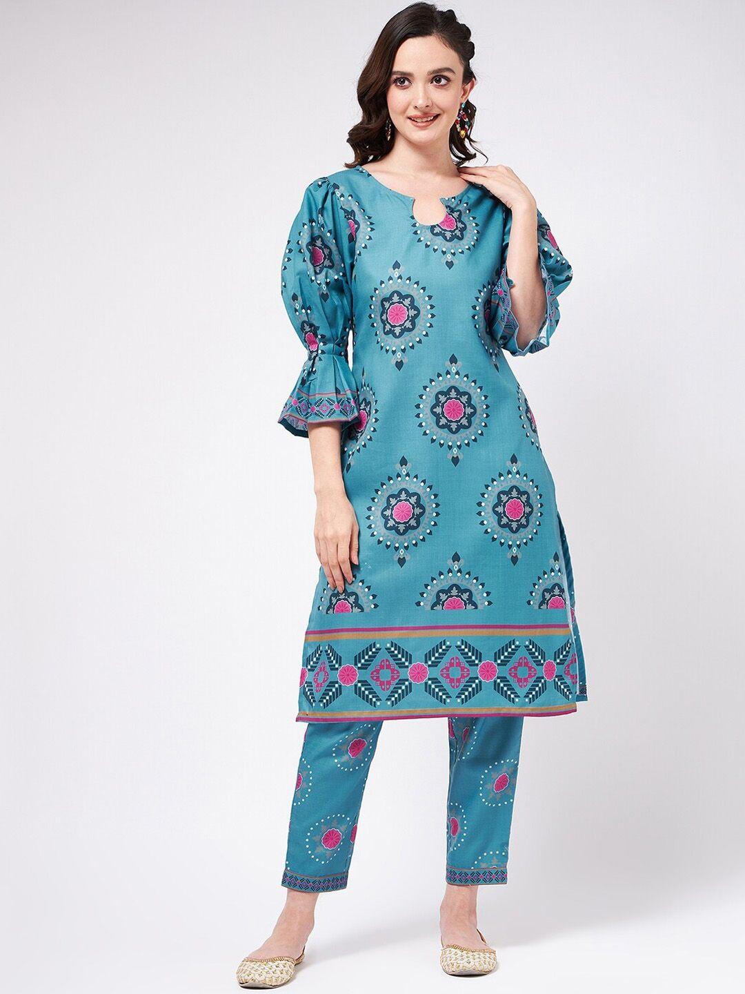 pannkh ethnic motifs printed puff sleeves kurta with trousers