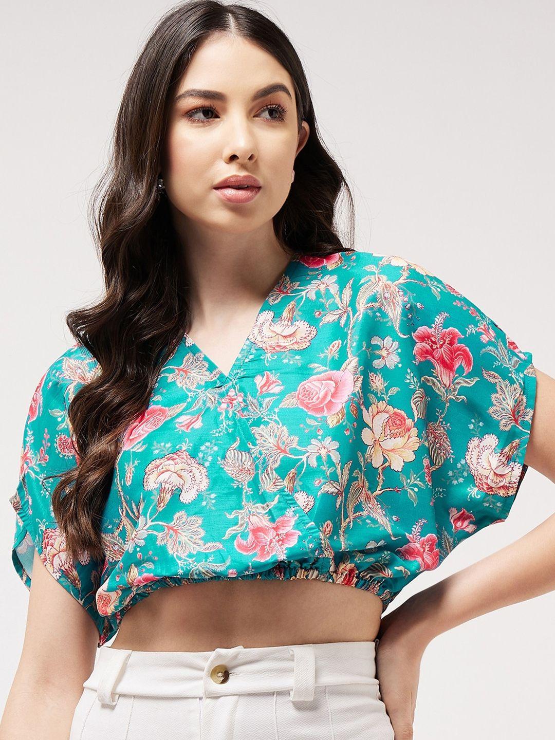 pannkh floral printed v-neck extended sleeves blouson crop top