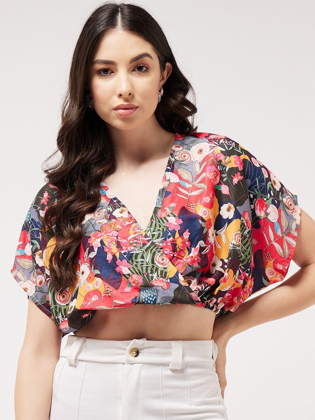 pannkh floral printed v-neck extended sleeves blouson crop top