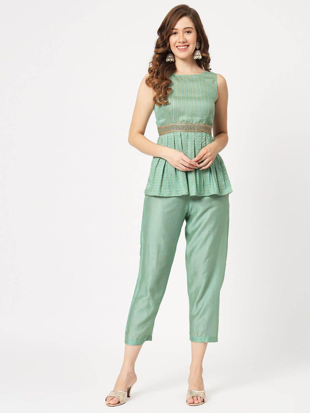 pannkh self-embellished pleated peplum top with trouser co-ords