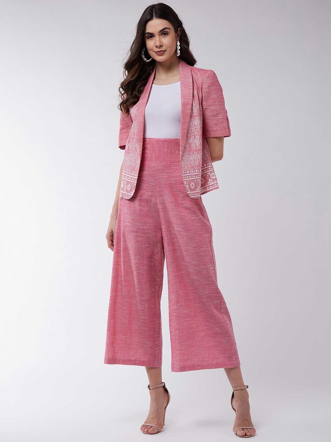pannkh women pink & white chambray printed coat with palazzos