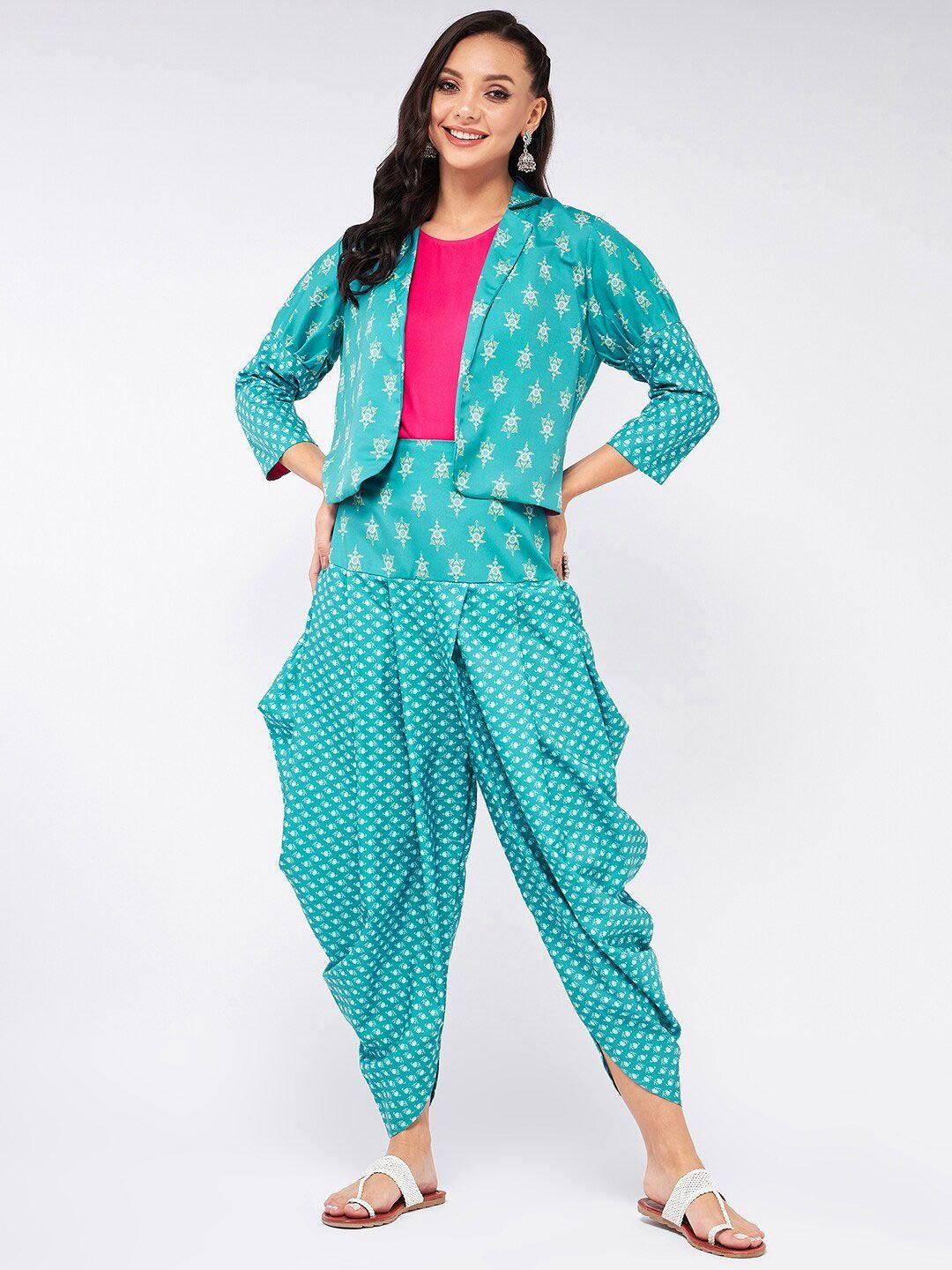 pannkh women printed top with dhoti pants with jacket co-ords