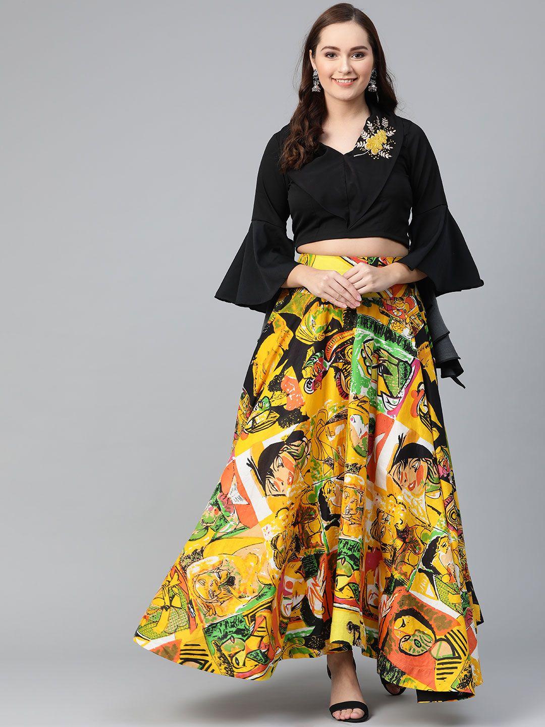 pannkh black & yellow embroidered crop top with picasso printed skirt
