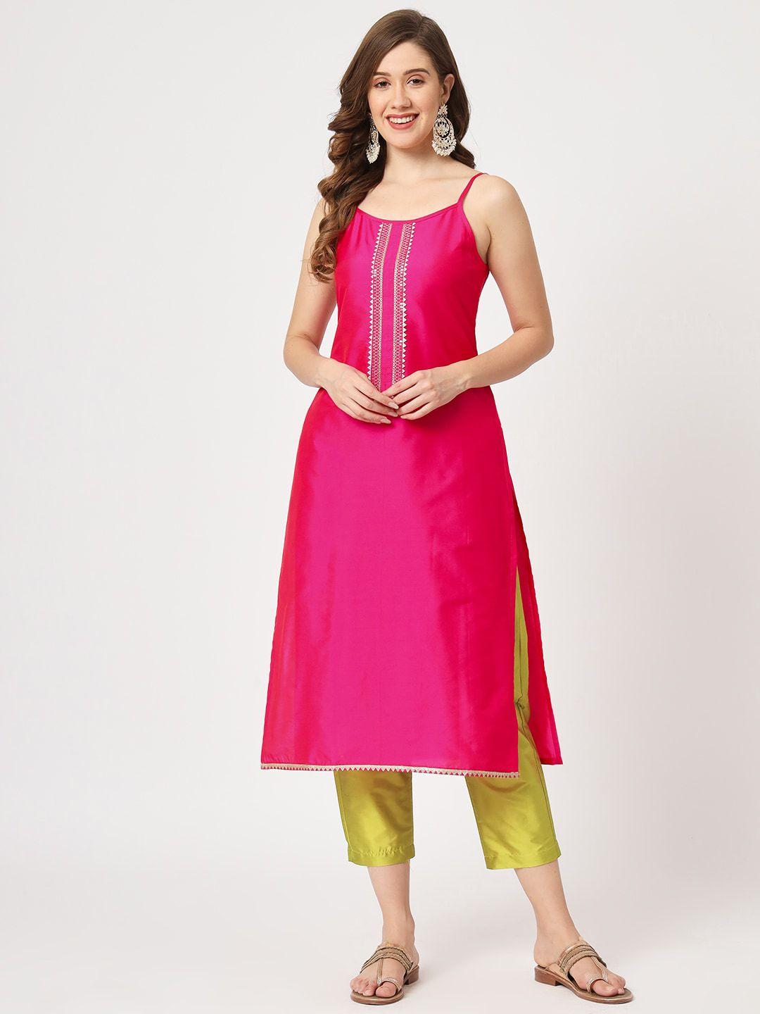 pannkh embroidered art silk straight kurta with trousers