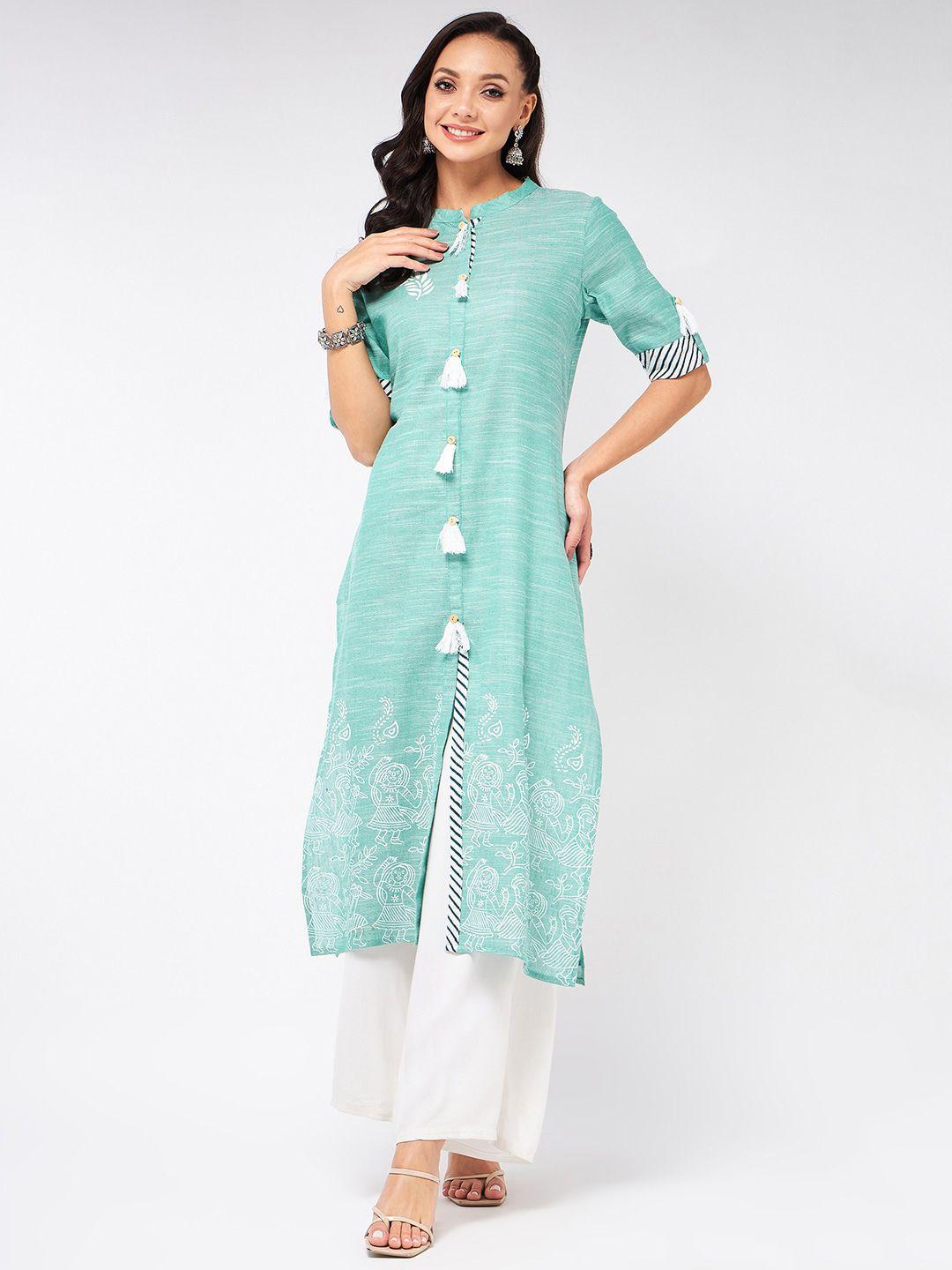 pannkh ethnic motifs printed band collar roll up sleeves pure cotton kurta