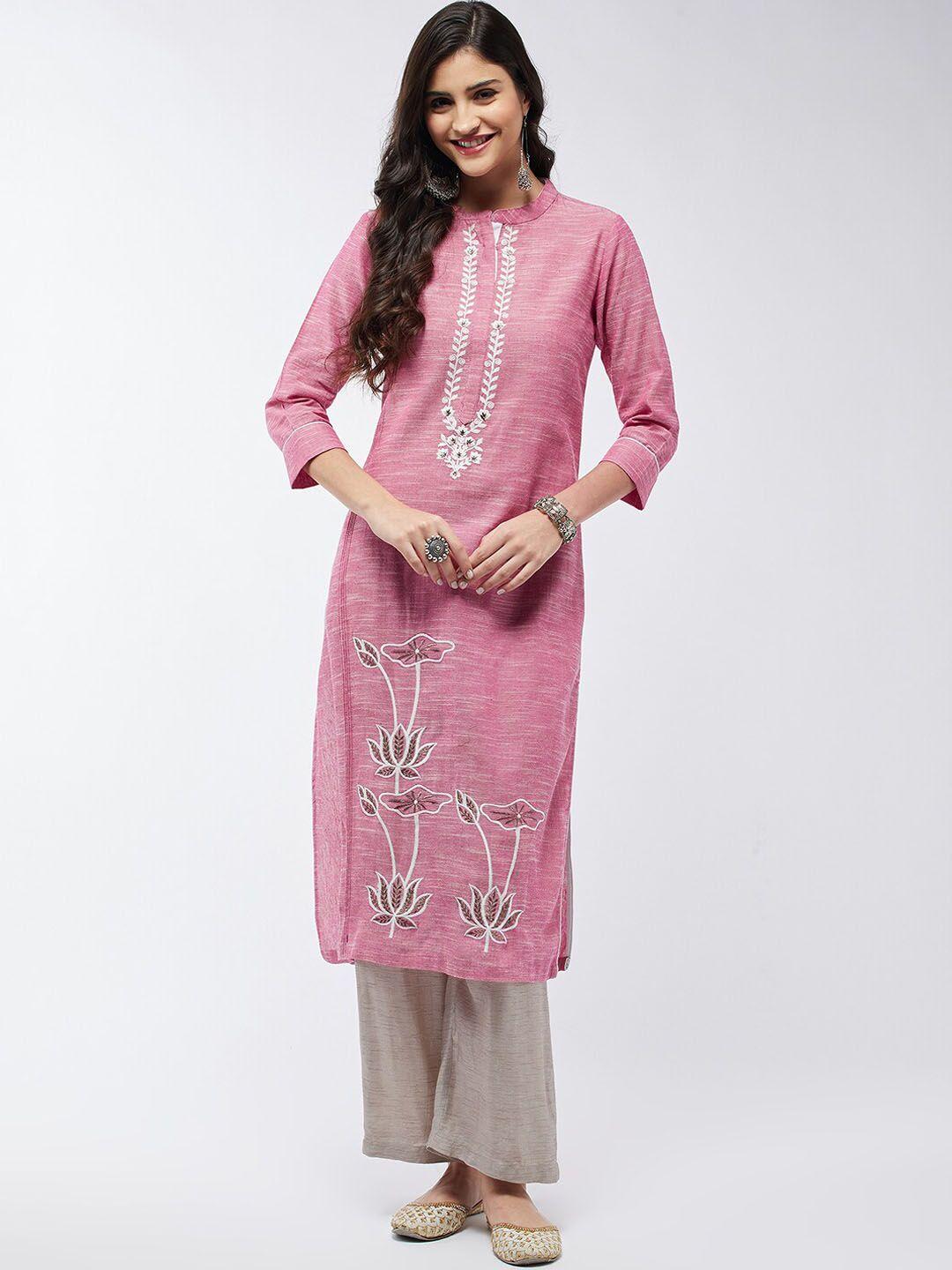 pannkh floral embroidered mandarin collar cotton straight kurta