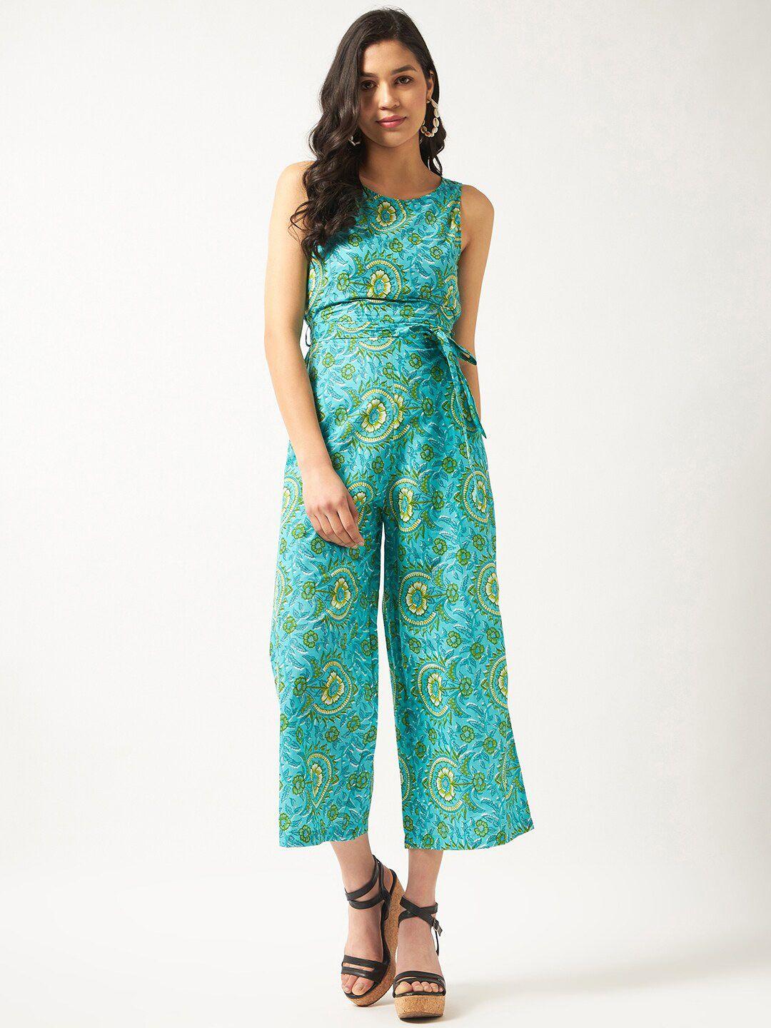 pannkh floral printed sleeveless waist tie-ups cotton basic jumpsuit