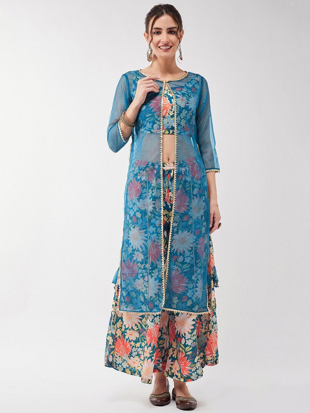 pannkh floral printed top & organza shrug 3-piece ethnic co-ords set