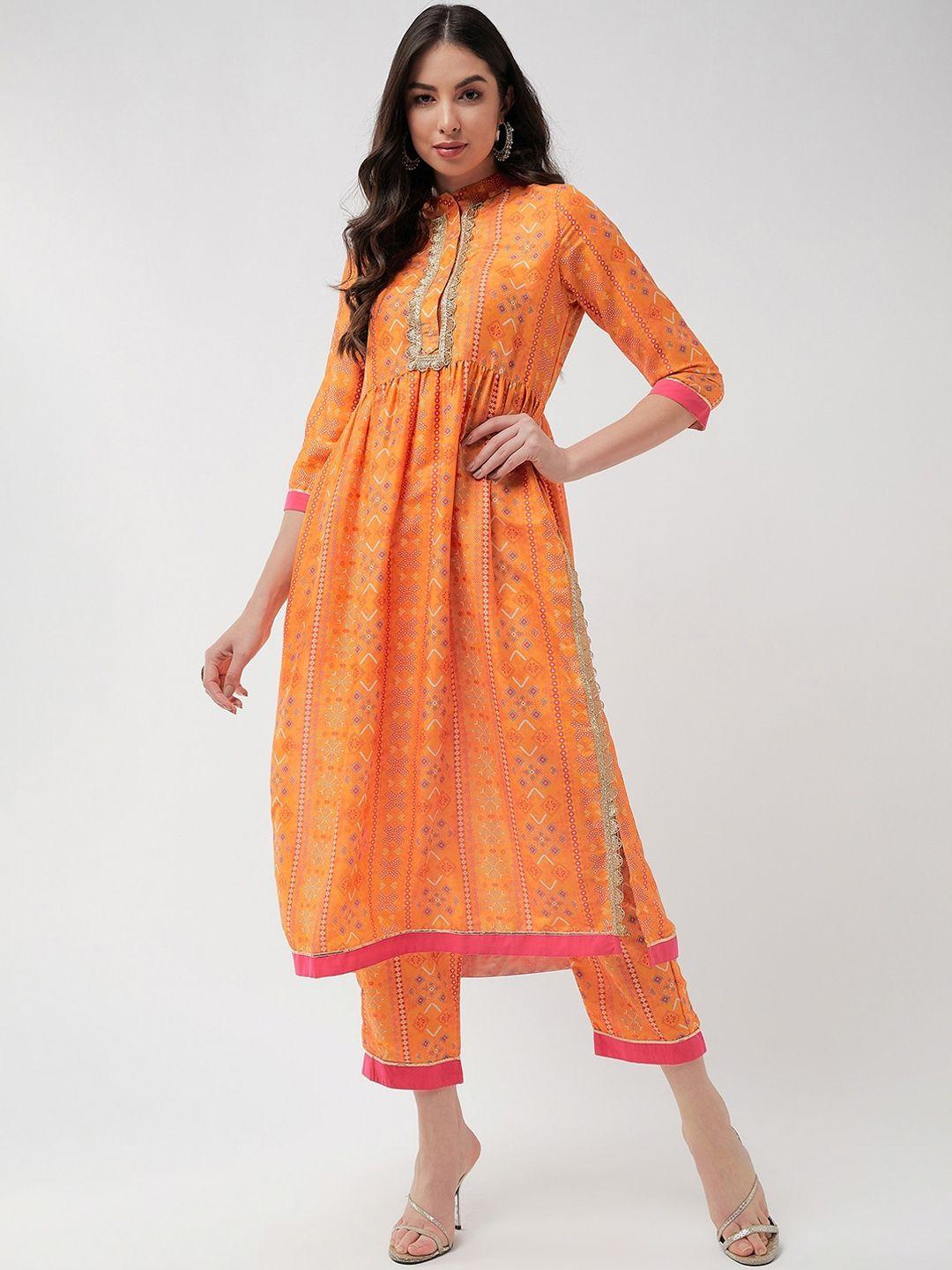 pannkh geometric printed mandarin collar pleated straight kurta