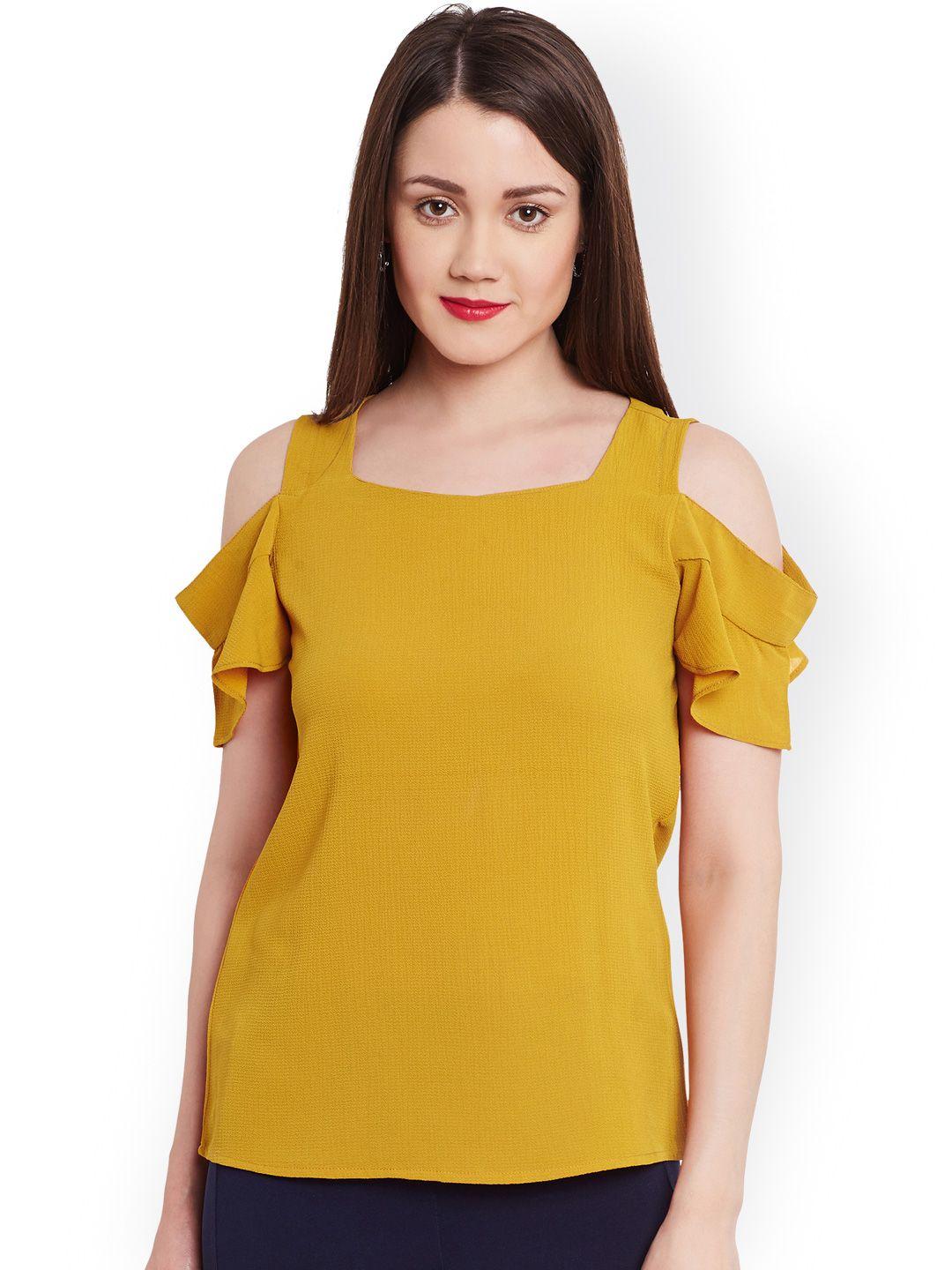 pannkh mustard yellow cold shoulder top