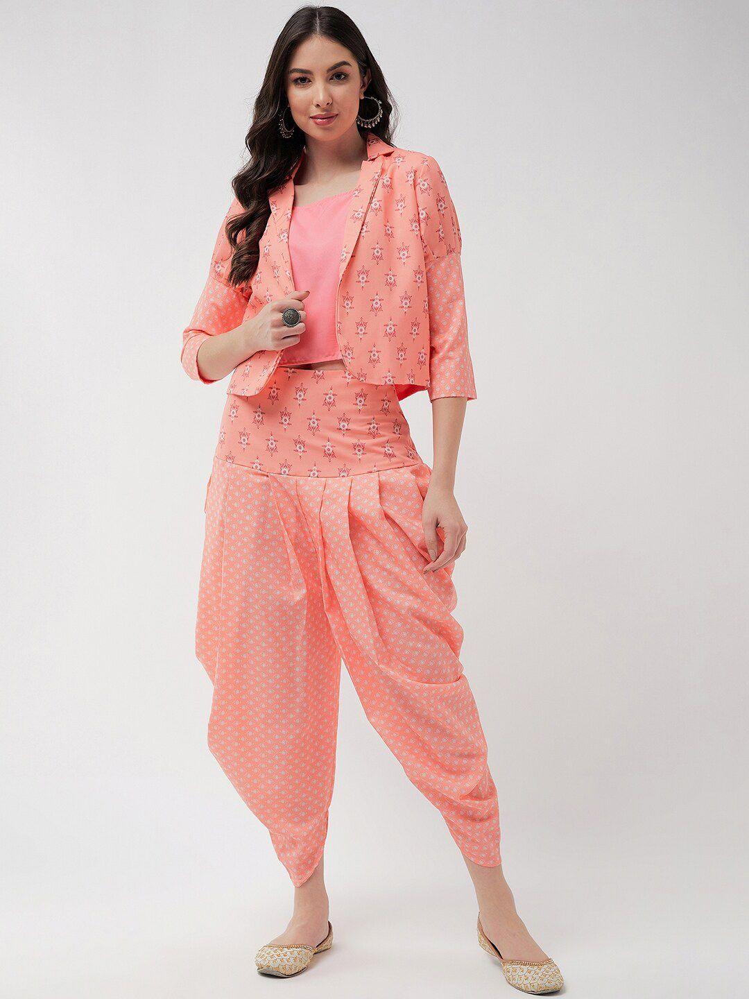 pannkh printed leg 'o' mutton sleeves jacket with top & dhoti pant co-ords