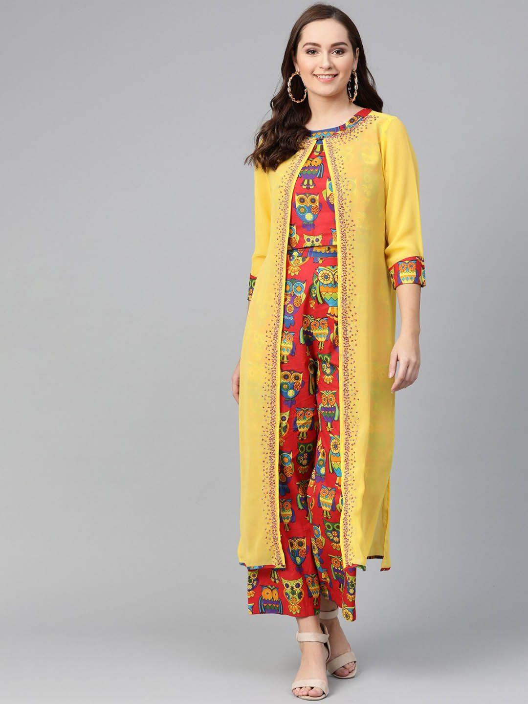 pannkh printed round neck top with shrug & trousers