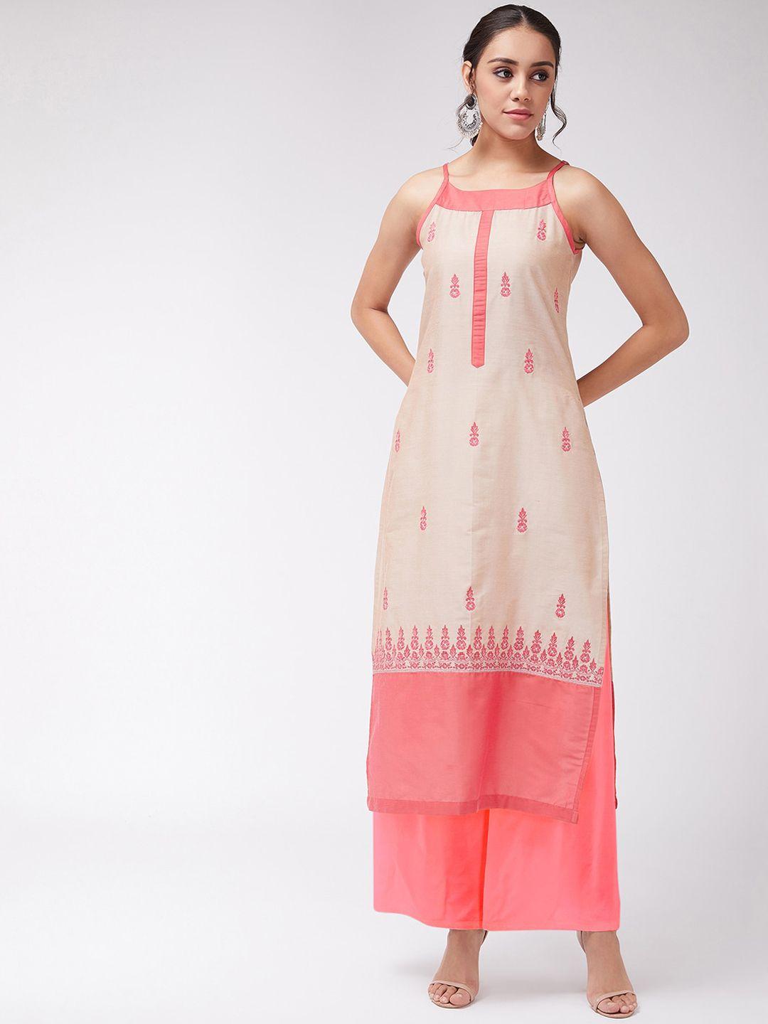 pannkh women beige & pink embroidered straight kurta