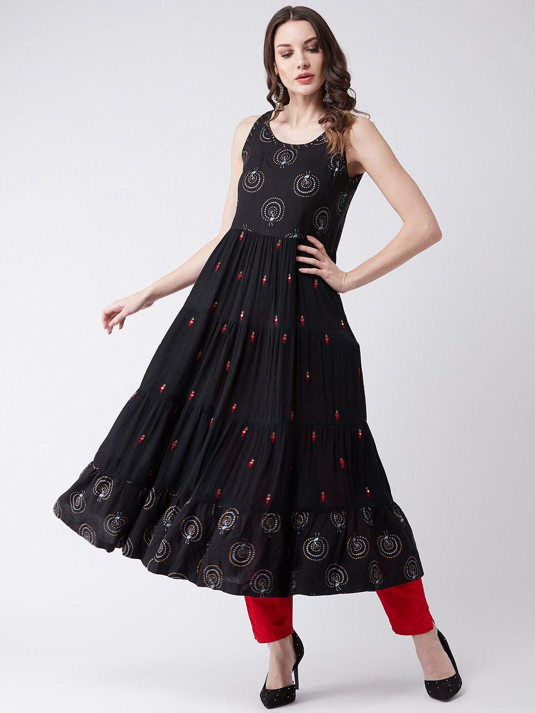 pannkh women black & white printed anarkali kurta