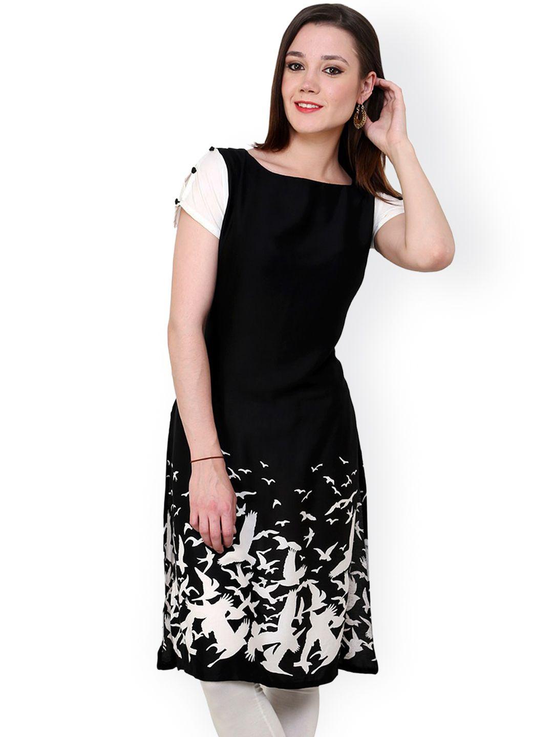 pannkh women black & white quirky printed straight kurta