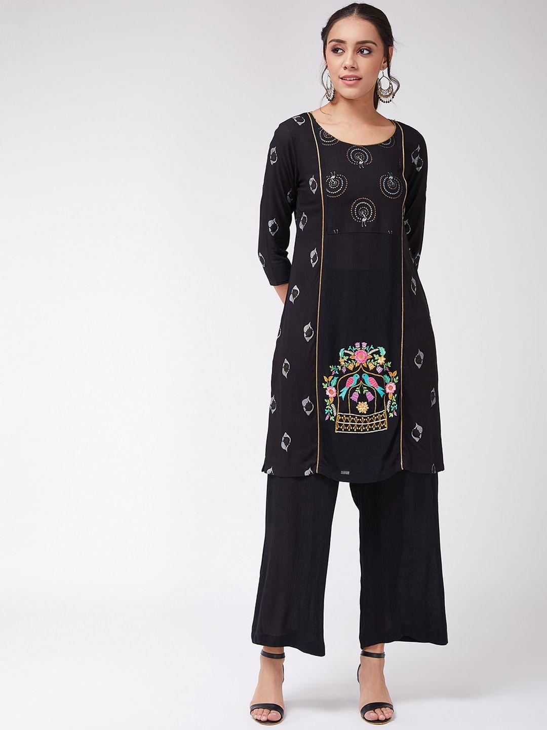 pannkh women black embroidered kurta with palazzos