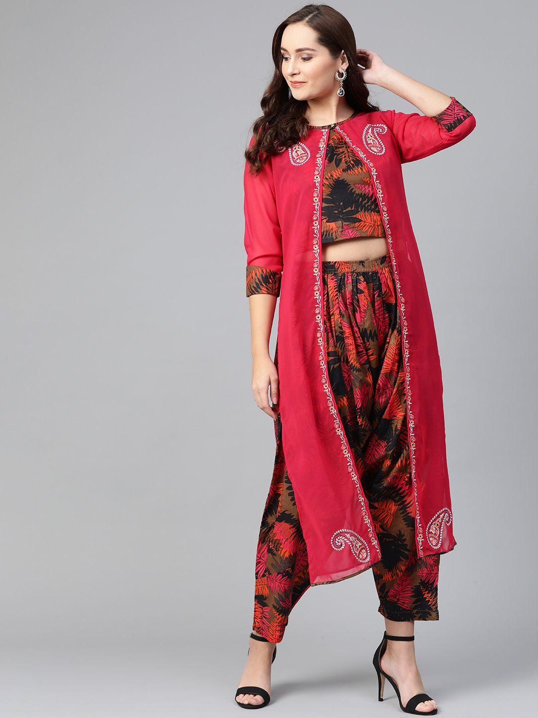 pannkh women brown & pink printed top with dhoti pants & layer