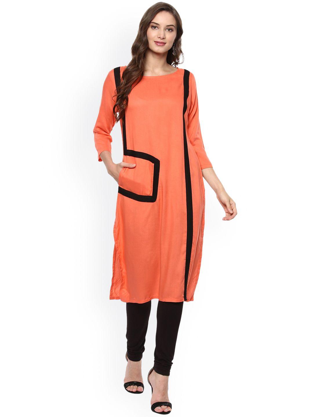 pannkh women coral orange & black solid straight kurta