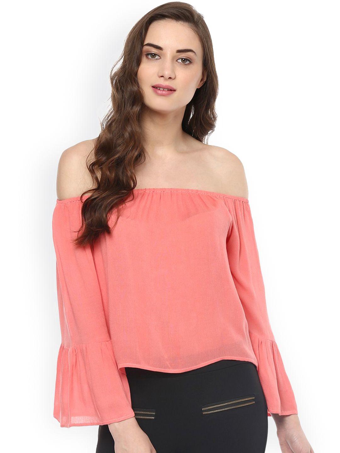 pannkh women coral pink solid bardot top