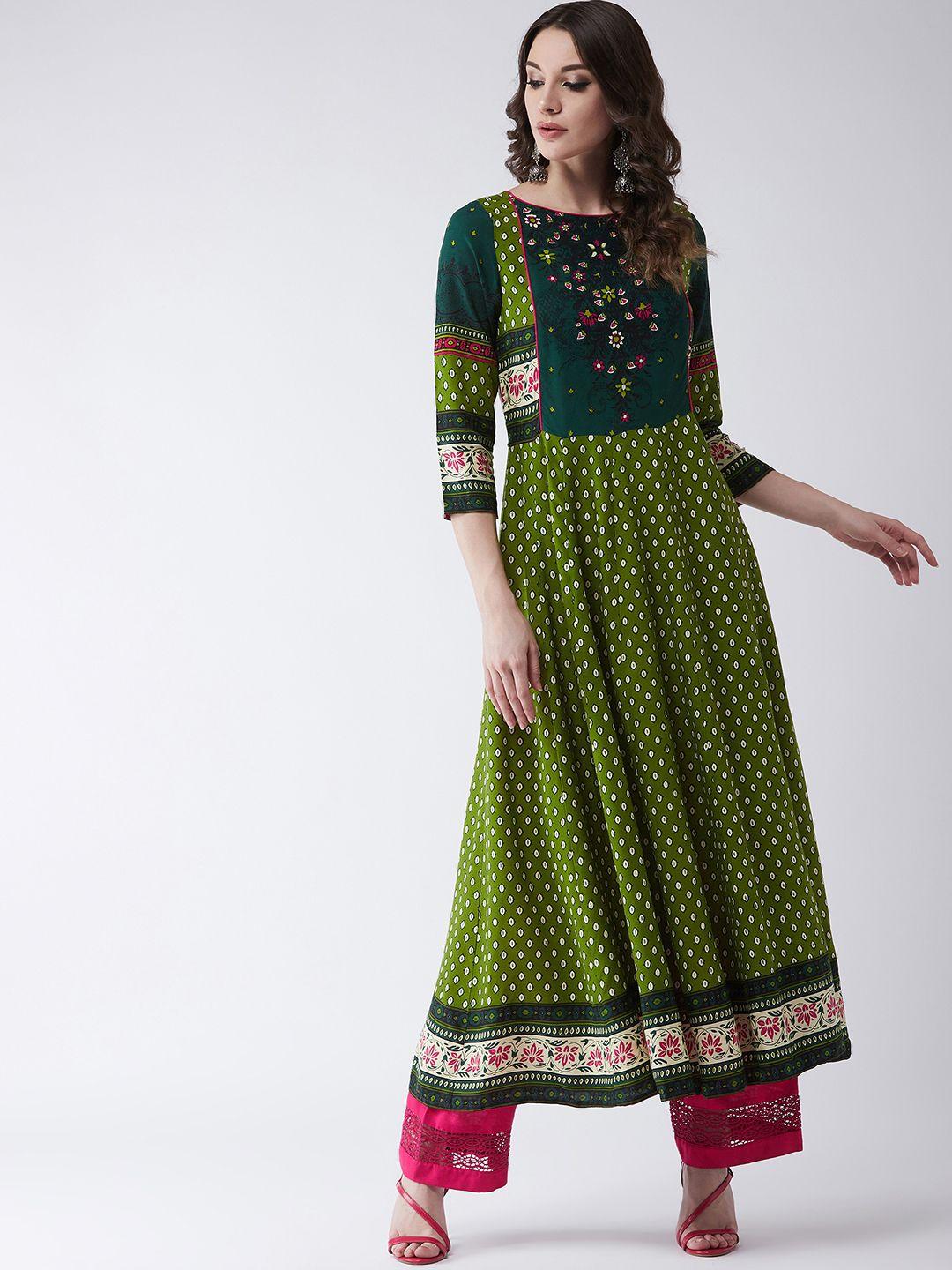 pannkh women green & white floral printed anarkali kurta