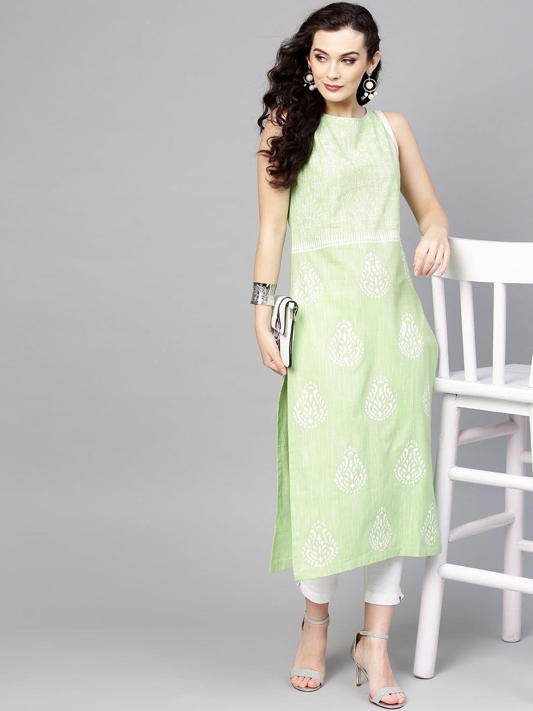 pannkh women green & white printed straight kurta