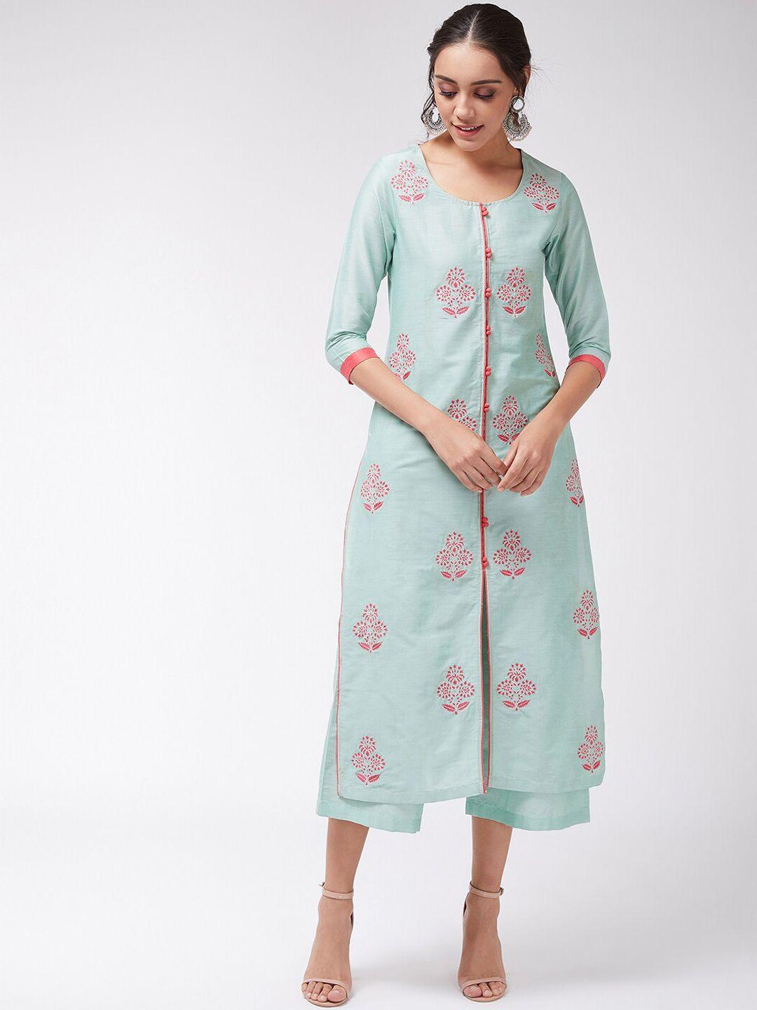 pannkh women green floral embroidered thread work kurta