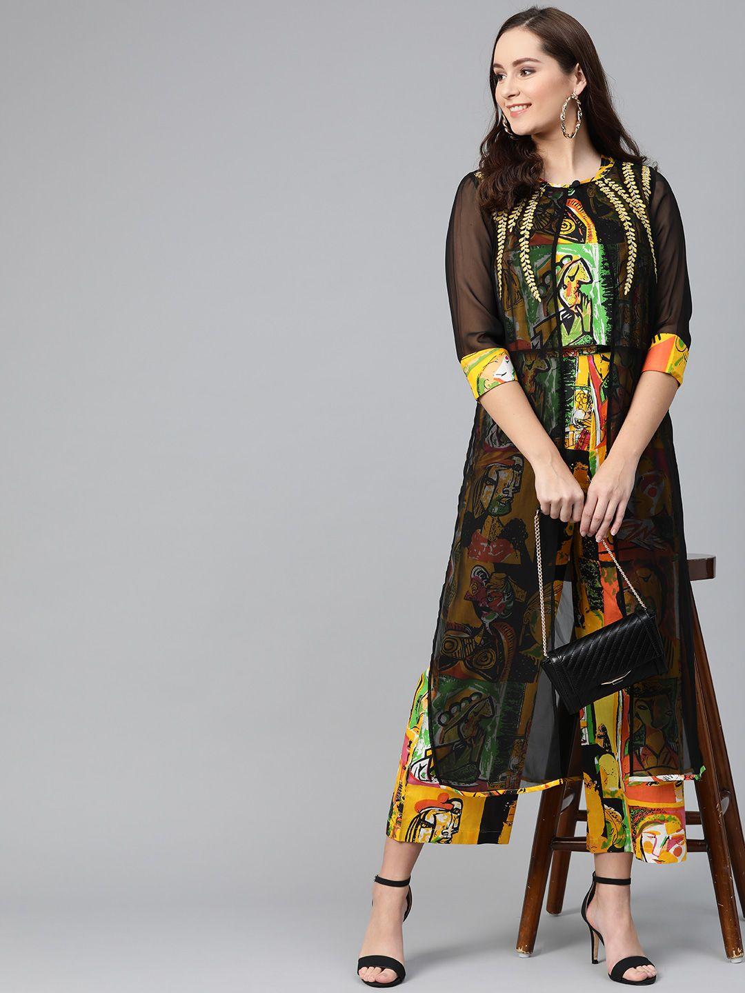 pannkh women mustard & black printed top with trousers & layer