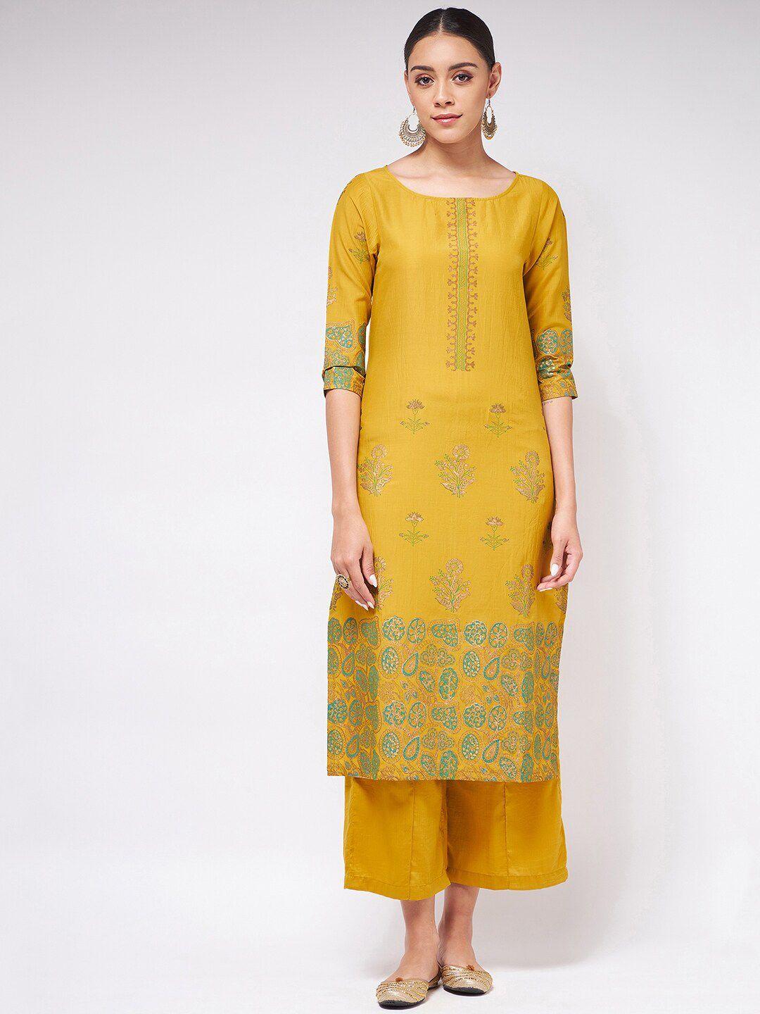 pannkh women mustard yellow & green floral printed kurta