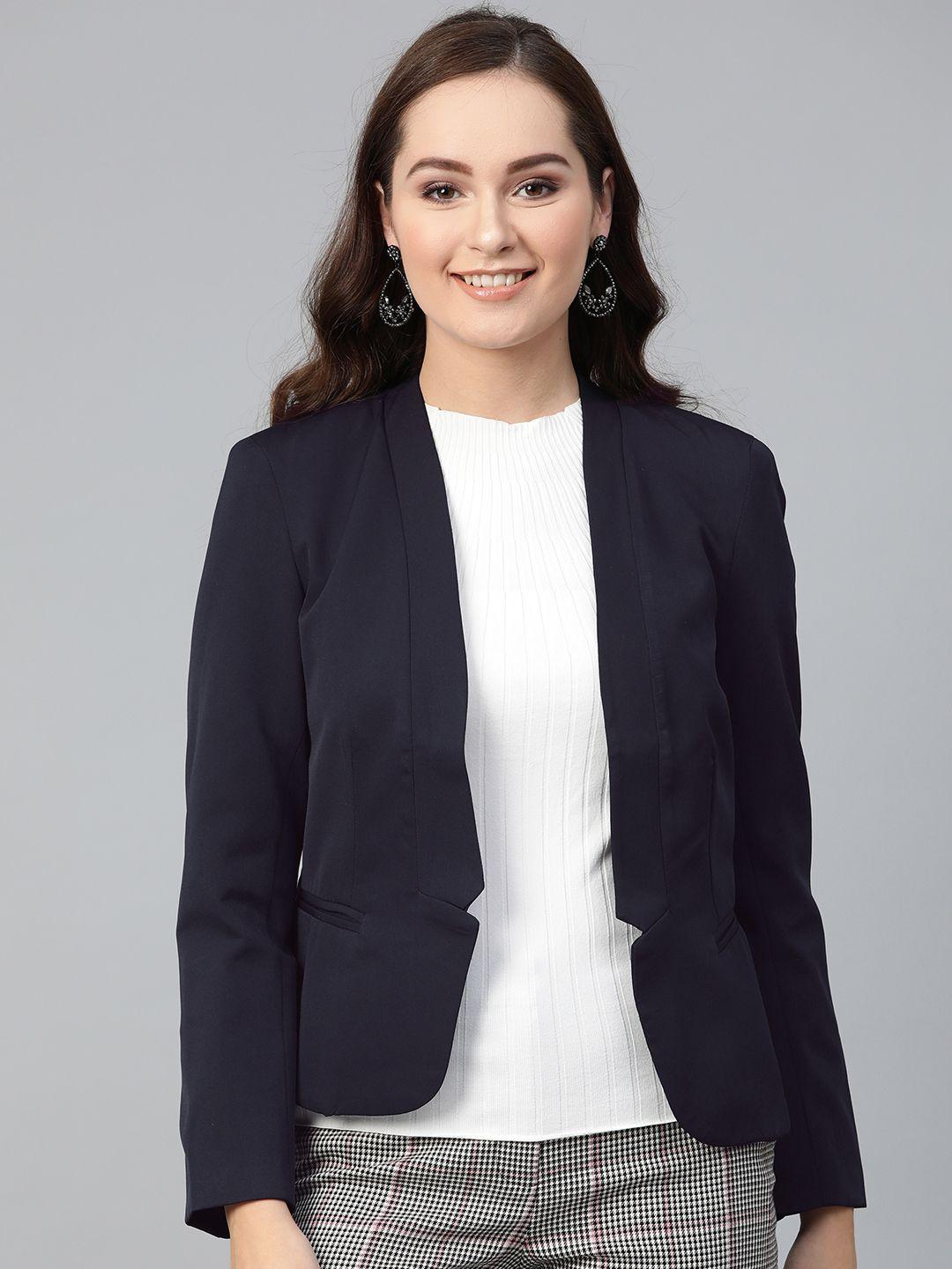 pannkh women navy solid tailored fit front open blazer