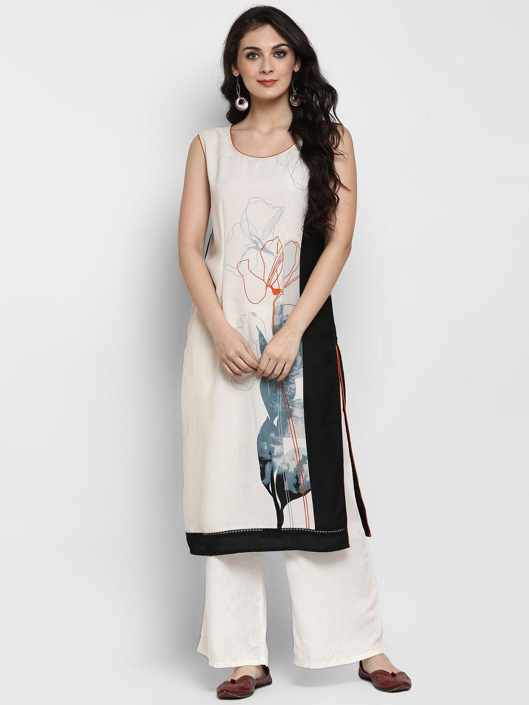 pannkh women off-white & black printed straight kurta