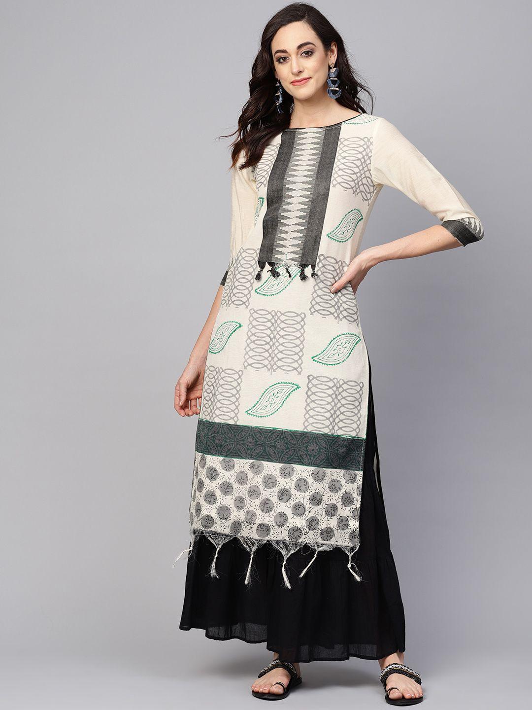 pannkh women off-white & charcoal grey printed straight kurta