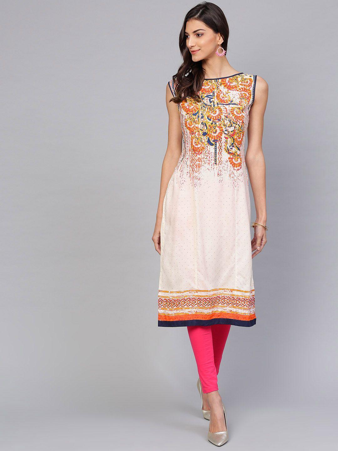 pannkh women off-white & orange printed straight kurta