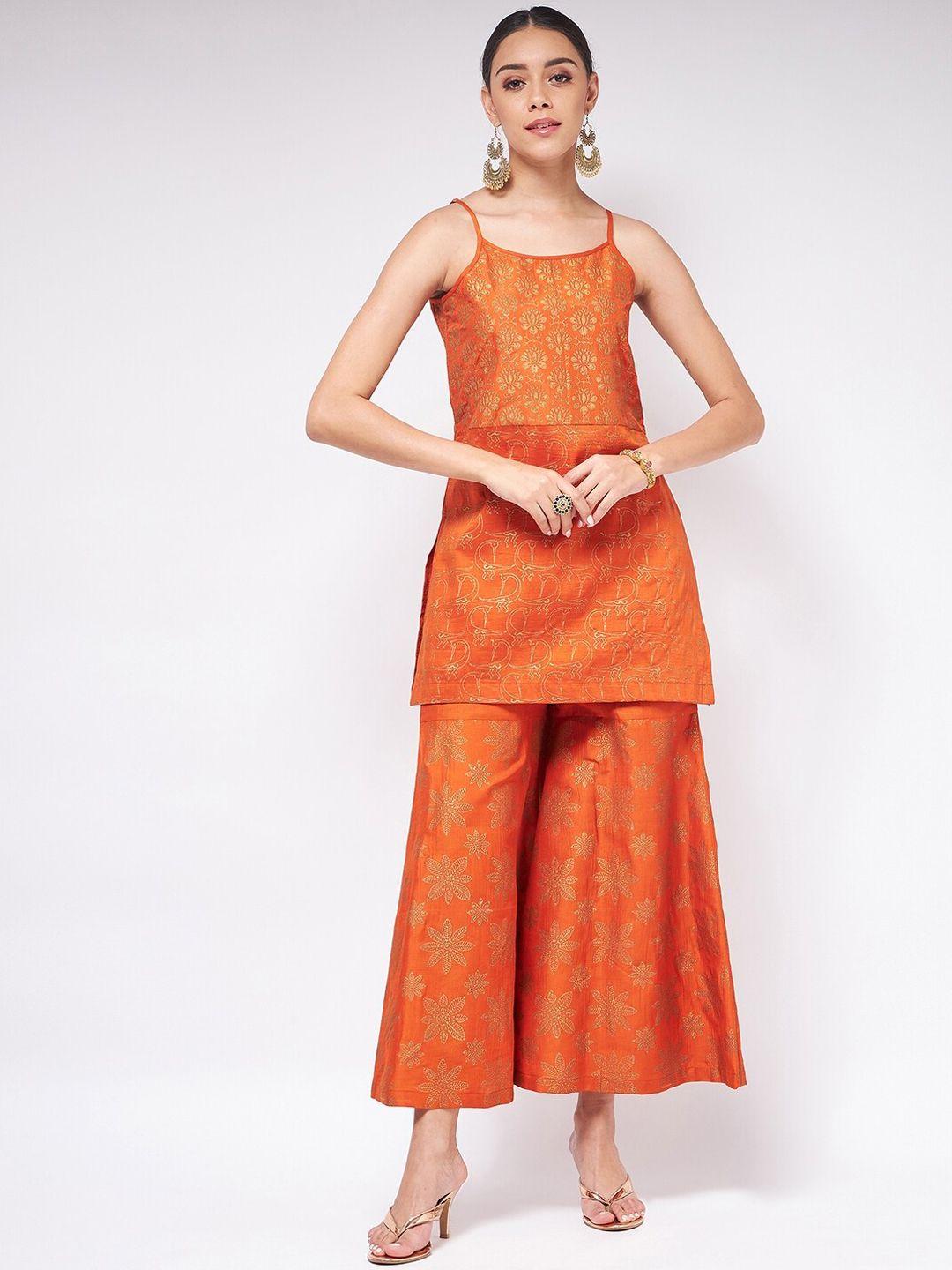 pannkh women orange floral printed kurta with sharara