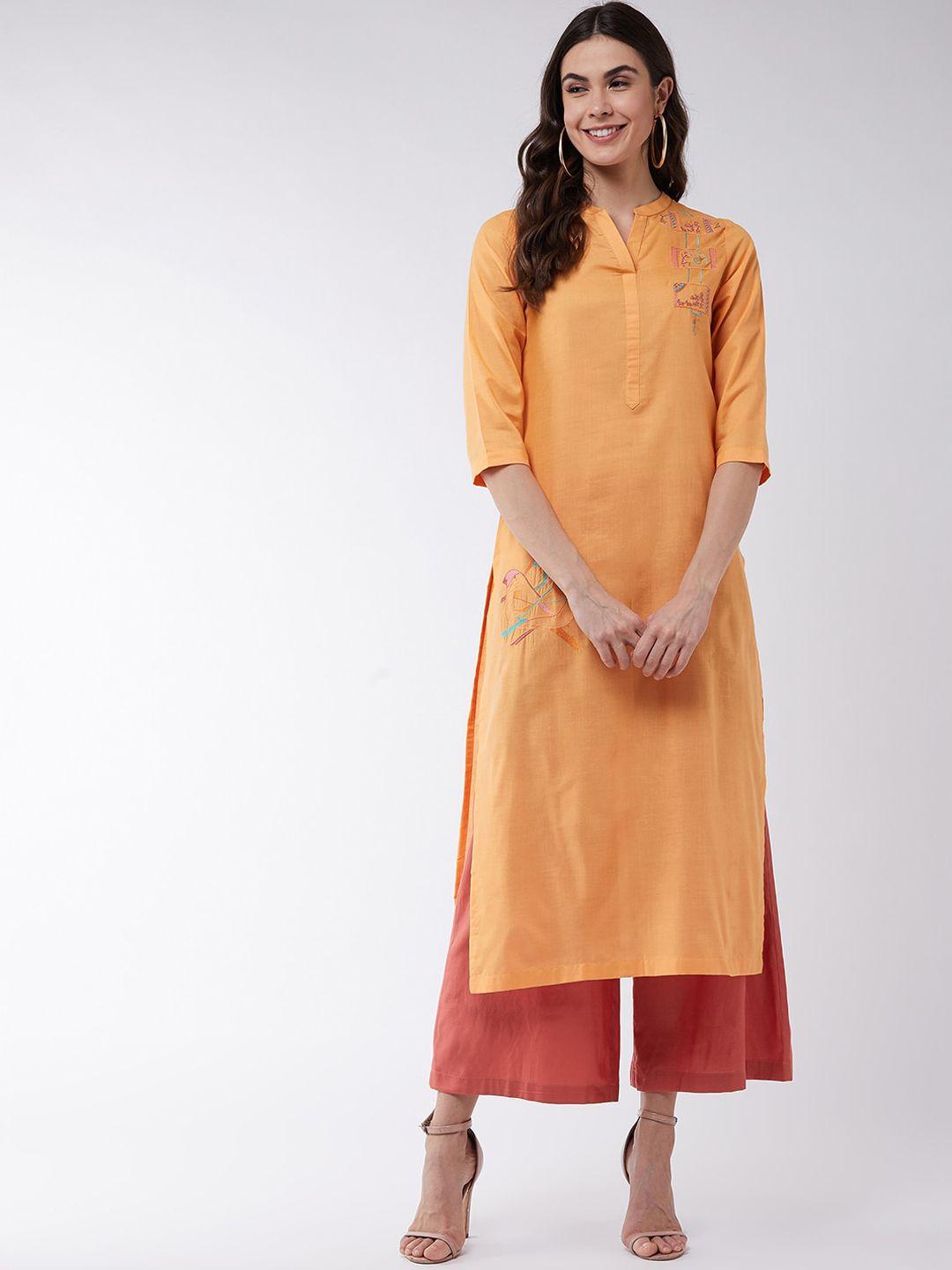 pannkh women orange solid pure cotton kurta with palazzos