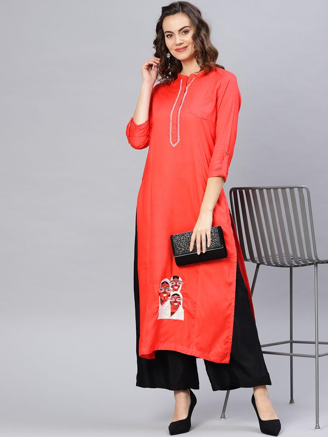 pannkh women peach-coloured solid straight kurta