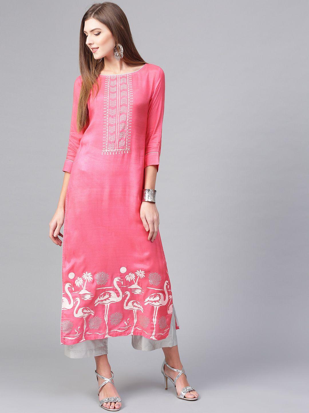 pannkh women pink printed shantoon straight kurta